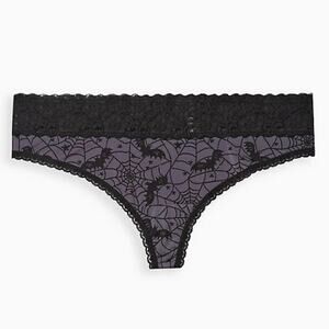 2X Torrid spider web & bat print black & grey mid-rise thong lattice back lace
